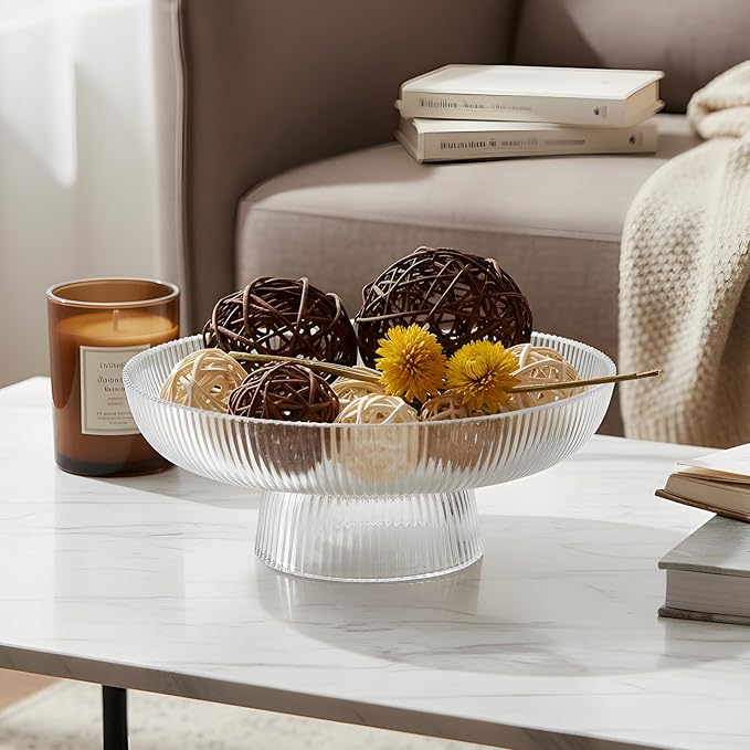 Large Glass Fruit Bowl for Kitchen Counter Decorative Centerpiece Bowl for Table Home D챕co, Clear Ribbed