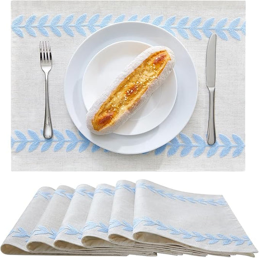 Wracra Embroidered Placemats, 13 x 18 Inch Set of 6 Placemats, Irregular Willow Rustic Place Mats for Kitchen Table and Heat Resistant, Blue 6PCS