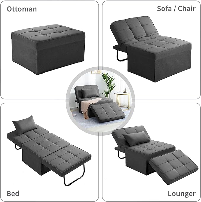 BIGSYY Sofa Bed, 4 in 1 Multi-Function Folding Ottoman Breathable Linen Couch Bed with Adjustable Backrest Modern Convertible Chair for Living Room Apartment Office, Dark Grey