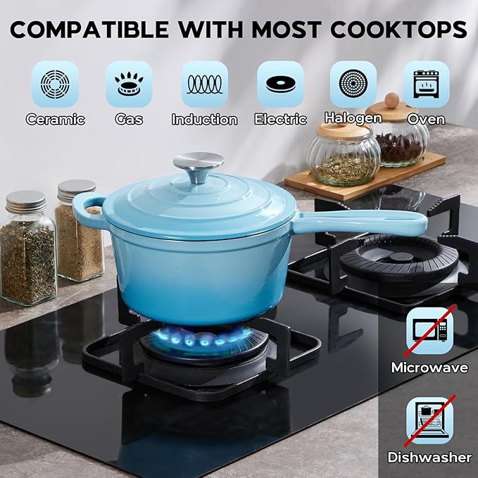 Onader 1 Quart Saucepan, Enameled Cast Iron Sauce Pan Pot, Small Kitchen Pot for Cooking with Lid, Enamel Dutch Oven Nonstick ??Lake Blue