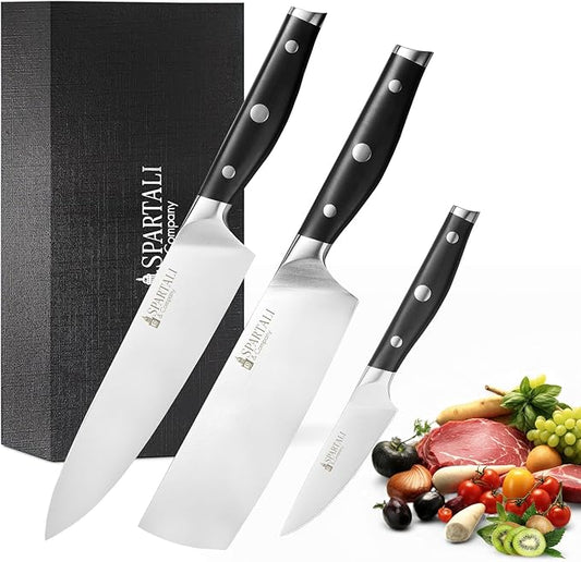 3-Piece Kitchen Knife Set ??Includes 8??Chef Knife, 7??Nakiri, 3.5??Paring ??High Carbon German Stainless Steel Blades, Ergonomic Handle ??Versatile Knife Trio for Chopping, Dicing, and Slicing