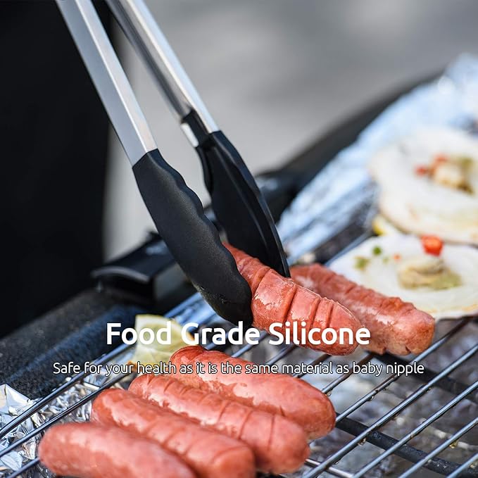 Kitchen Tongs, U-Taste 7/9/12 inches Cooking Tongs, with 600쨘F High Heat-Resistant Non-Stick Silicone Tips, 18/8 Stainless Steel Handle, for Food Grill, Salad, BBQ, Frying, Serving, Pack of 3(Black)