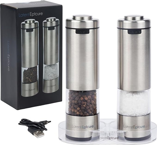 Electric Salt & Pepper Grinder Set ??USB-C Rechargeable Stainless-Steel Mills & Shakers with LED Light, Adjustable Ceramic Grinders & Acrylic Rest Tray
