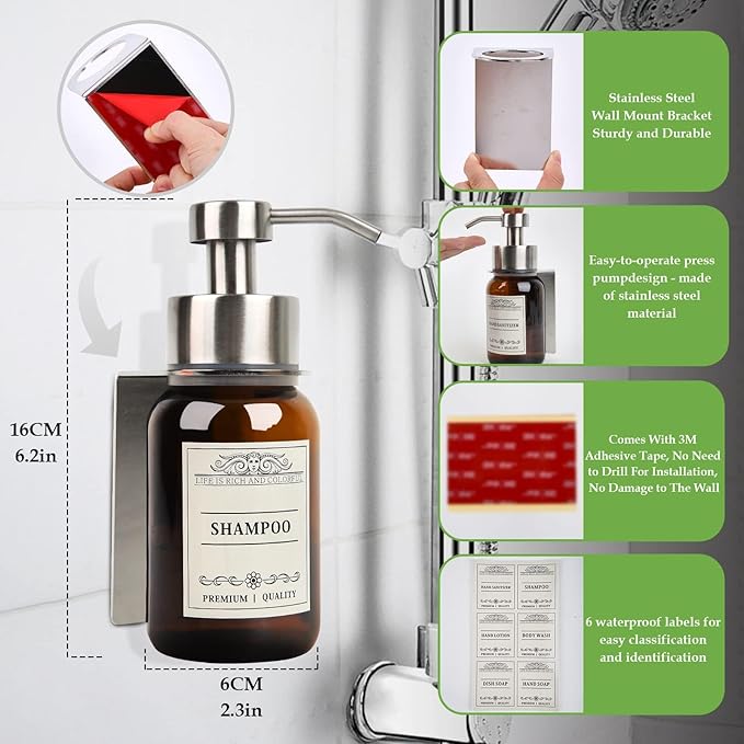 Hand Soap Dispenser,8.5 Oz Wall Mounted Shampoo and Conditioner Dispenser and Stainless Steel Bracket for with Waterproof Labels and Leakproof Pump(Silver Mount)