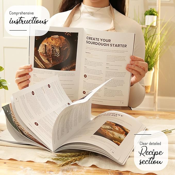 All-Inclusive ?뿣?뿥?뿕?뿞?뿙?뿨?뿞 Sourdough Starter Kit with Pot, 34 Oz Starter Jar, 4 Banneton Bread Proofing Baskets, Scraper, Scale, Sourdough Bread Baking Supplies, Detailed Beginner Guide & Recipes