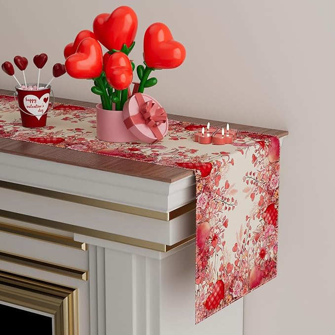 XCHI Wild Flowers Love Hearts Valentine?셲 Day Table Runner Table Decoration for Party Home Kitchen Dining Holiday Decor 13x120 Inch