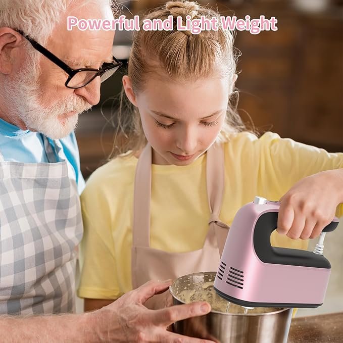 Yomelo 9-Speed Digital Hand Mixer Electric, 400W Powerful DC Motor, Hand Mixer Electric Handheld with Snap-On Storage Case, 5 Stainless Steel Accessories, Beaters, Dough Hooks, Whisk(Rose Gold)