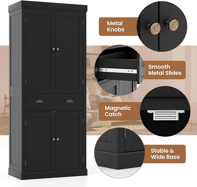 DORTALA 72??Tall Kitchen Pantry Cabinet, Wood Storage Cupboard w/ 4 Adjustable Shelves, 2 Cabinets & Drawer, Utility Freestanding Storage Cabinet for Kitchen, Hallway, Living Room, Black