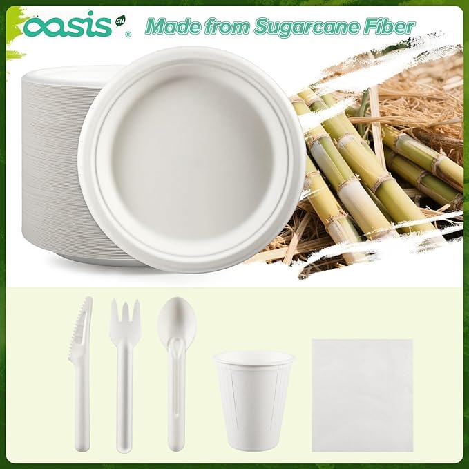 300PCS Disposable Paper Dinnerware Set for 50 Guests, Compostable 50 6??Dessert Plates, 50 9??Plates, 50 Spoons, 50 Forks, 50 Knives and 50 Napkins, Perfect for Gatherings, Parties (White)
