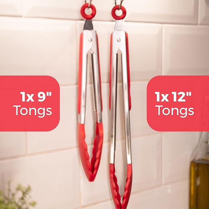 StarPack Premium Silicone Kitchen Tongs Set of 2 (9-Inch & 12-Inch) - Stainless Steel with Non-Stick Silicone Tips, High Heat Resistant to 480째F, For Cooking, Serving, Grill, BBQ & Salad (Cherry Red)