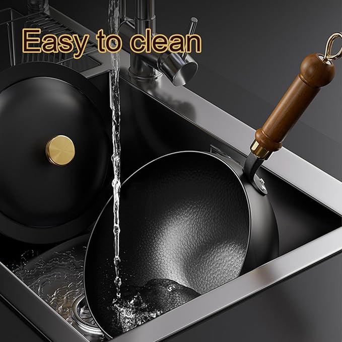 Japanese Frying Pan, Woks & Stir-Fry Pans with Stainless Steel Pot Support, Nonstick Wok, No Chemical Coated Flat Bottom Hand Hammered Chinese Wok For Gas (Wooden lid, 28)