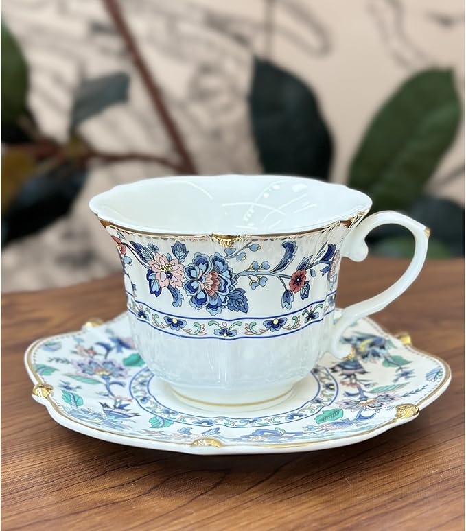 Floral Ceramic Cup Bone China Tea Cup and Saucer Set 6.8 Oz Gold Trim Vintage Style Porcelain Coffee Cup for Home Kitchen Office, Style 1