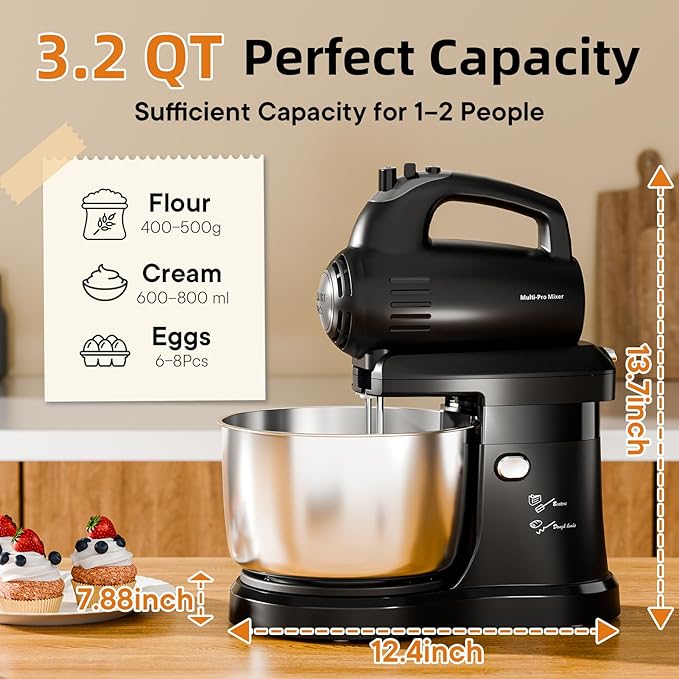Stand Mixer Hand Mixer Electric Kitchen - 3.2 QT Auto-Rotating Bowl & Beater Small Standing Mixer, 5-Speed Tilt-Head Household Mixer with Beaters& Dough Hooks for Baking, Black