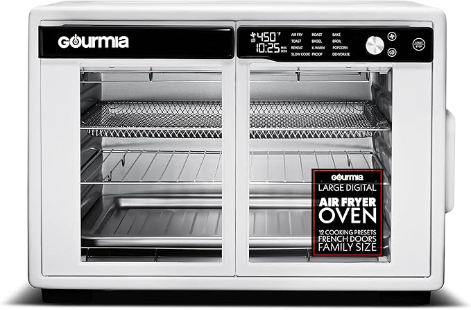 Gourmia French Door Air Fryer Oven - 37 Qt Large Capacity Convection Toaster Oven, FryForce 360°, Digital Display, 12 Cooking Presets, Dehydrate, Fits 13??Pizza, Dishwasher-Safe, White
