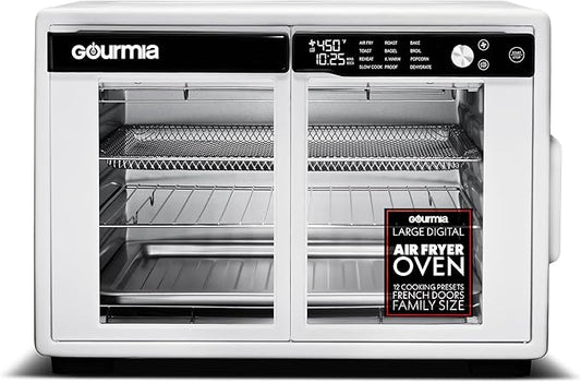 Gourmia French Door Air Fryer Oven - 37 Qt Large Capacity Convection Toaster Oven, FryForce 360°, Digital Display, 12 Cooking Presets, Dehydrate, Fits 13??Pizza, Dishwasher-Safe, White