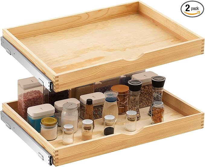 Menkxi 2 Set Pull out Tray Cabinet Organizer Wooden Pull Drawers storage Slide out Pantry Shelf for Base Cabinet Kitchen Gentle Close Fully Assembled Accessories (Wood Color,30'' X 21'' X 3")
