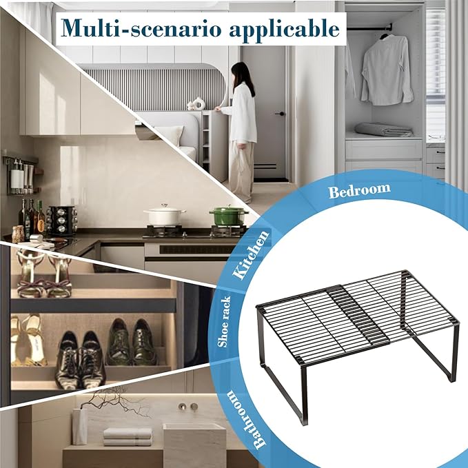 Extendable Metal Wire Shelf Organizer - Adjustable 15-24.4in Length, Stackable Storage Rack for Kitchen/Pantry/Bathroom/Shoe Cabinet/Tool Closet (4,Black)