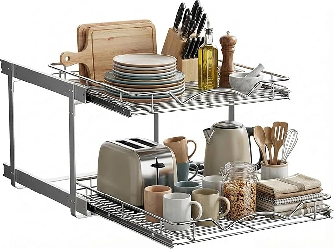 HOLDN??STORAGE Two Tier Pull Out Cabinet Organizer, Individual Sliding Drawers - Heavy Duty Metal with Lifetime Limited Warranty - Anti Rust Chrome Finish - 20" W x 21?쒭 x 16.5" H
