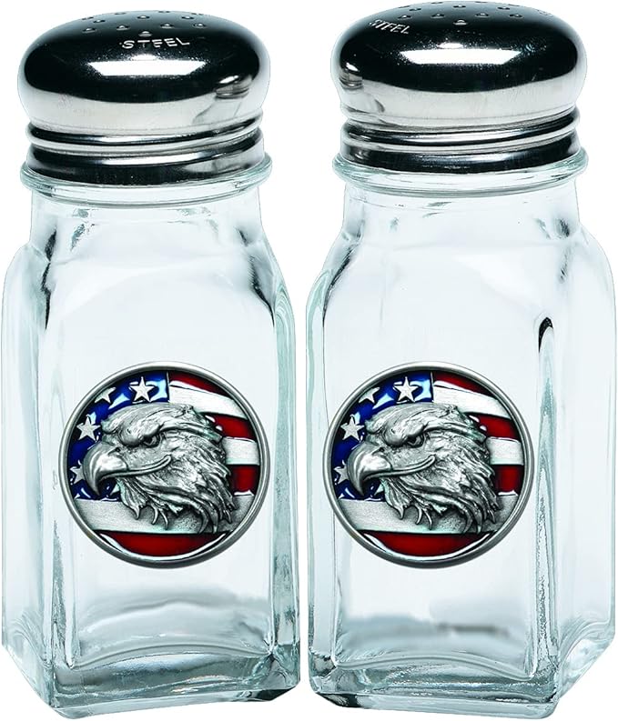 Heritage Pewter Eagle with Flag Salt and Pepper Shaker Set of 2 Bottles | Expertly Crafted Pewter Glass