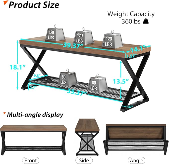 LVB Entryway Shoe Bench with Storage, 39??Entryway Bench for Foyer Hallway, Farmhouse Wood and Metal Indoor Bench for Entrance, Shoe Rack Storage Bench with Sitting for Living Room, Rustic Oak, 39 in