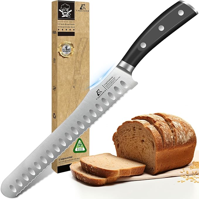 Bread Knife for Homemade Bread, 9 Inch Multifunction Serrated Knife, Razor Sharp Slicer, High Carbon German Steel Bread Cutter, Ergonomic Handle Design for Sourdough Turkey Fruit Cutting