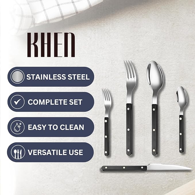 Khen Cutlery Set of 20, 18/8 Stainless Steel Flatware, Modern Silverware for Home, Kitchen, Dining & Table Setting for 4 ??Stainless Steel, Dishwasher Safe, Lightweight & Ergonomic Design Gift - Black