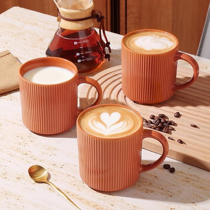 MONITO 16Oz Coffee Mugs Set of 6, Rustic Ceramic Coffee Cups Set with Large Handle, Vintage Striped Stoneware Coffee Mugs for Latte, Cocoa, Tea, Milk, Microwave & Dishwasher Safe, BRICK RED