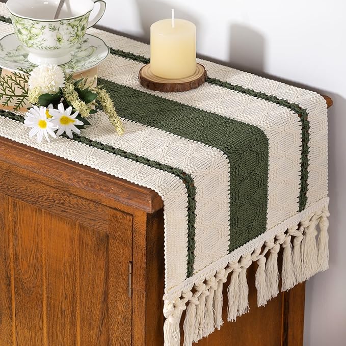 Socomi Boho Table Runner Valentine's Day Farmhouse Rustic Dining Kitchen Centerpiece Decor Small Macrame Woven Cotton Linen Coffee Table Runner for Dresser Scarf Home Decor 12x60 inch Olive Green