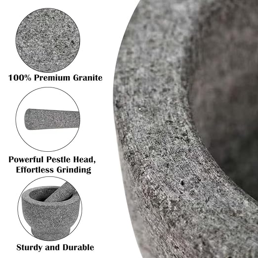 Heavy Duty Mortar and Pestle Set,2 Cup, 100% Granite Stone Molcajete Guacamole Bowl, Grind Seeds, Spices, Crush Garlic, Kitchen Muddler for Fresh Herbs, Great Gift