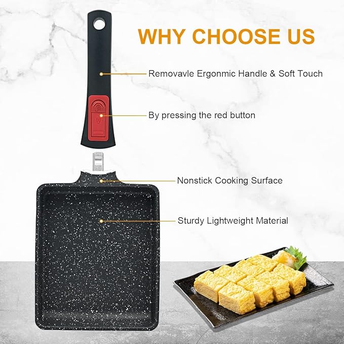 Tamagoyaki Pan, Japanese Omelette Pan Nonstick, Rectangle Square Egg Frying Pan Skillet Nonstick, Detachable Handle, PFAS & PFOA-Free, Oven Safe, 7.5” x 6.3”