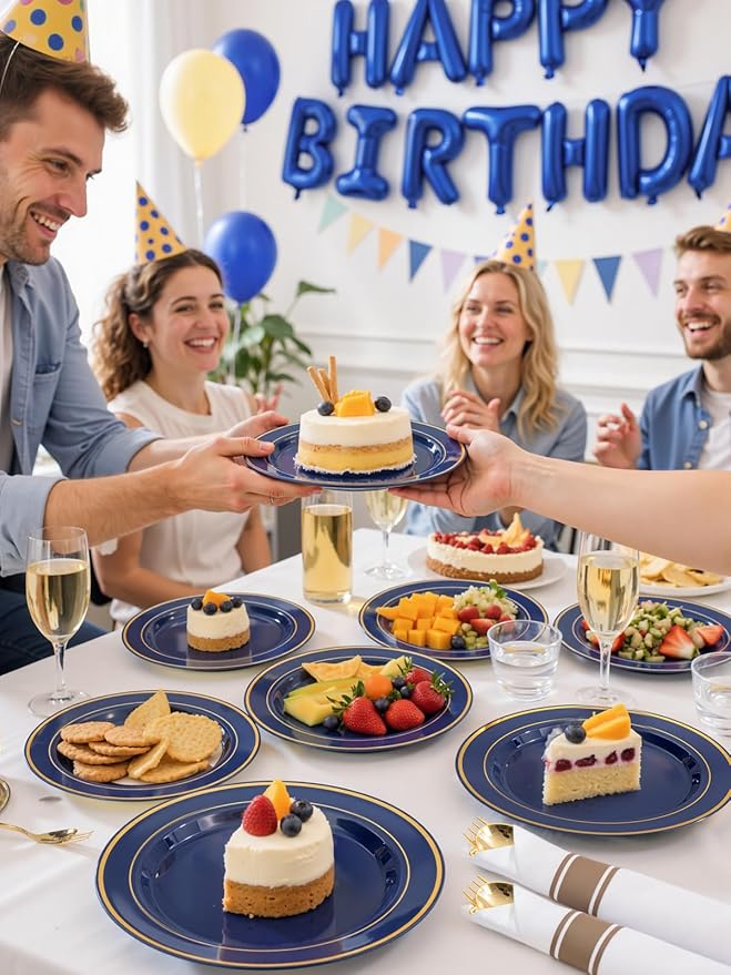 350PCS Navy Blue and Gold Plastic Plates with Rolled Napkins Include Dinner Plate 10?쇺? Dessert Plate 7?쇺? gold Cups 9 OZ, Pre Rolled Napkins 25 of each type for Party/Birthday/Wedding