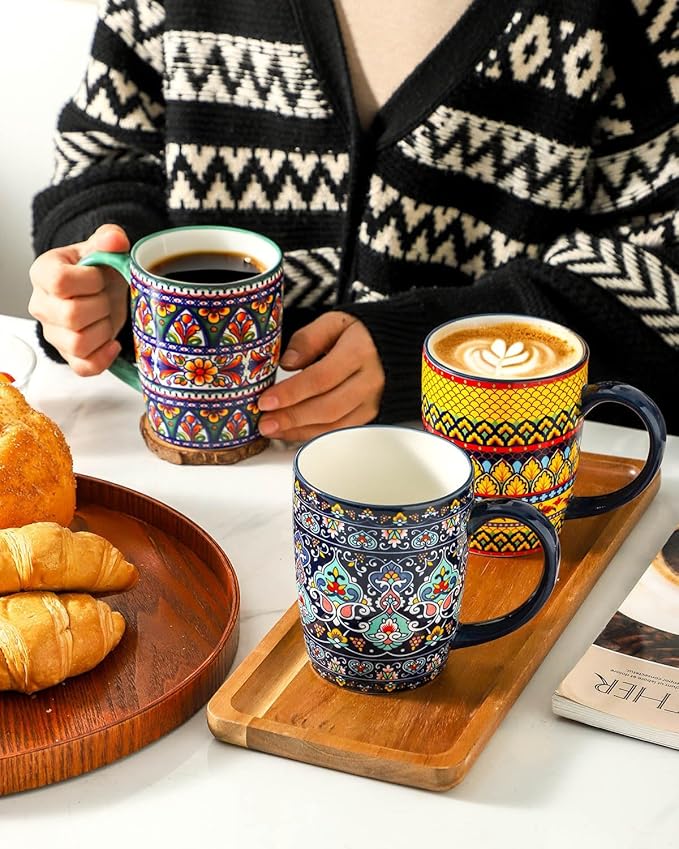 glowworm Coffee Mugs Set of 6, 16 oz Ceramic Coffee Mug with Handle, Large Coffee Cups for Latte, Cappuccino, Milk Dishwasher & Microwave Safe, Bohemian