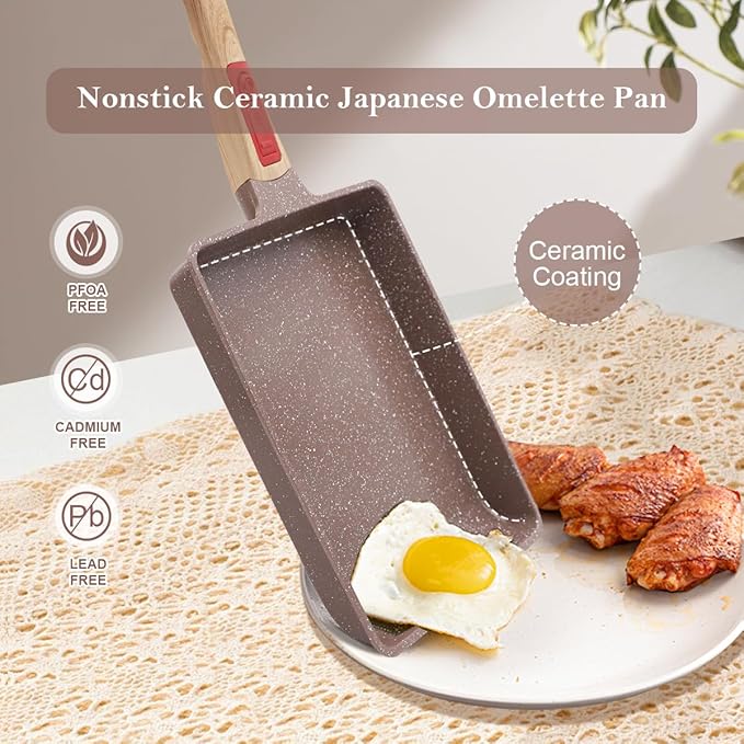 Ceramic Tamagoyaki Pan, Japanese Omelette Pan Nonstick, Rectangle Square Egg Frying Pan Skillet Nonstick, Detachable Handle, PFAS & PFOA-Free, Oven Safe, 9" x 8.2"
