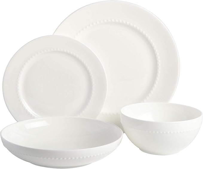 Gibson Elite Embossed Bone China 16-Piece Double Bowl Dinnerware Set, Service for 4 ??White Elegant Plates and Bowls