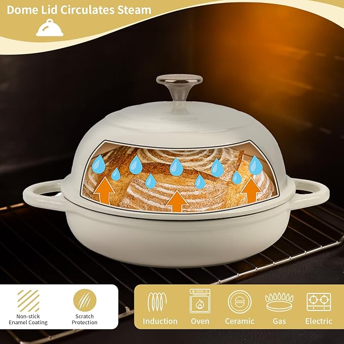 Dutch Oven for Bread Baking, 5.4 Quart Dutch Enameled Cast Iron Bread Oven, Dutch Oven for Sourdough Bread Baking, Oven Safe up to 500째 F, 25 cm White