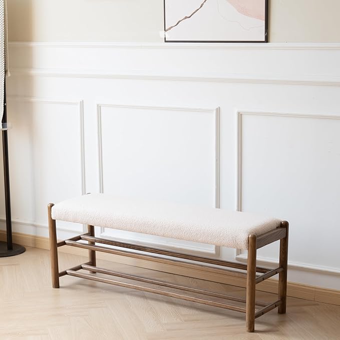 XINNAN Solid Wood Entryway Bench with Shoe Storage, Rustic Oak Wood and Sherpa Fabric 45 Inch Long Seating for Living and Dining Rooms, 3-Tier White