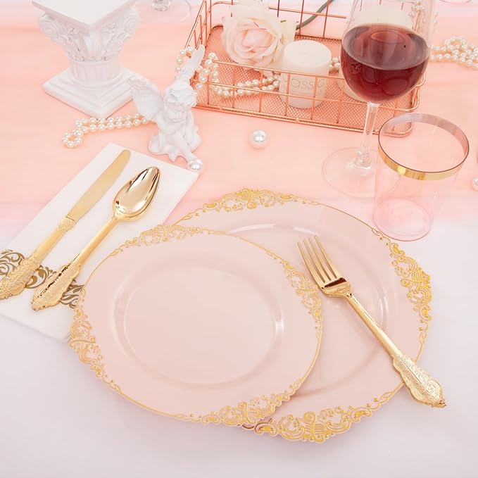 Morejoy 175pcs Pink Plastic Plates - Pink and Gold Disposable Plates sets, Include 25 Dinner Plates,25 Dessert Plates,25 Cutlery Sets,25 Napkins Perfect for Wedding & Party & Holiday & Christmas