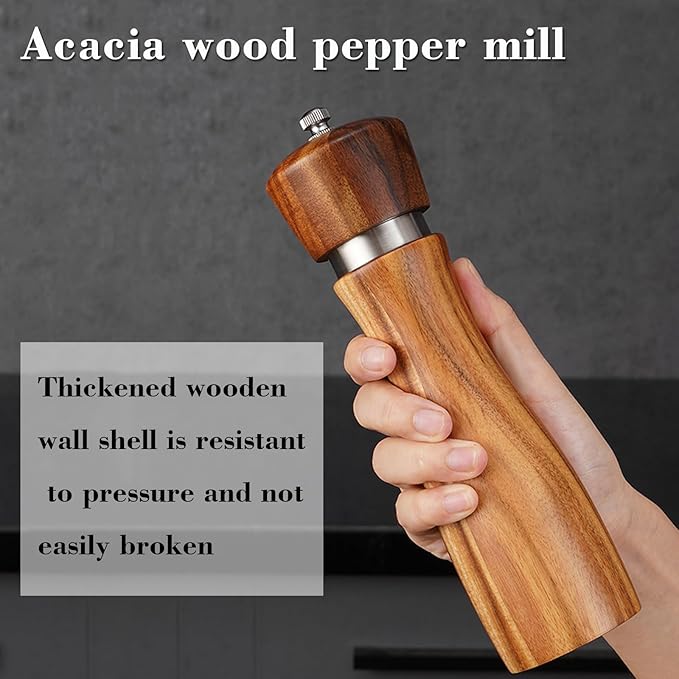 2Pcs Acacia Wood Salt and Pepper Grinding Machine, Durable Ceramic Grinding, Manual Steel Ring Grinding Machine with Adjustable Thickness