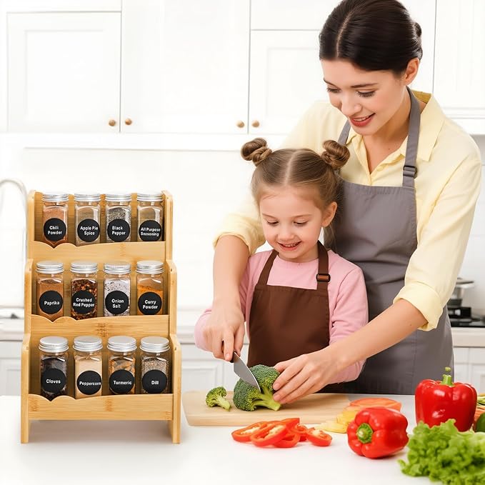 Jucoan 3-Tier Bamboo Spices Rack Organizer for Kitchen Countertop, Tiered Spice Rack for Pantry Cabinet Hold 12 Spices Jars, Space Saving Compact