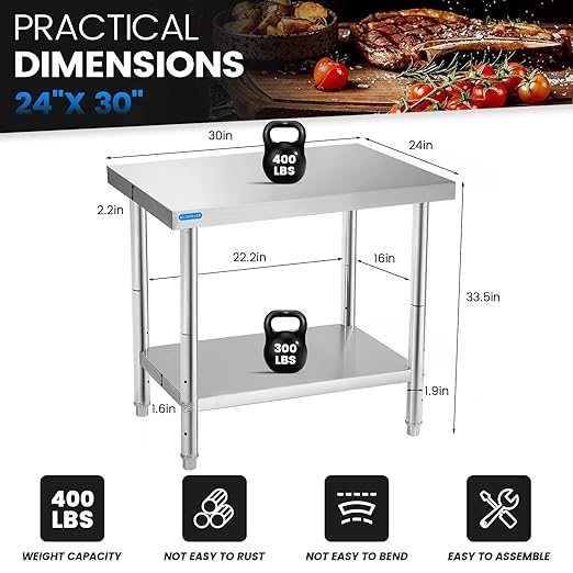 Stainless Steel Table for Prep & Work with Undershelf 24 x 36 Inches NSF Metal Commercial Kitchen Prep Table with Adjustable Under Shelf Worktable for Restaurant Home Outdoor