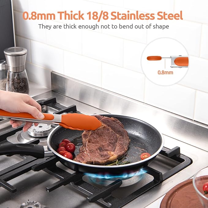600쨘F Heat Resistant Kitchen Tongs: U-Taste 9 inch Silicone Cooking Tong with Firm Sealed Non Stick Rubber Tips & Silicon Coated 18/8 Stainless Steel Handle & Smooth Locking for Serving Grill (Orange)