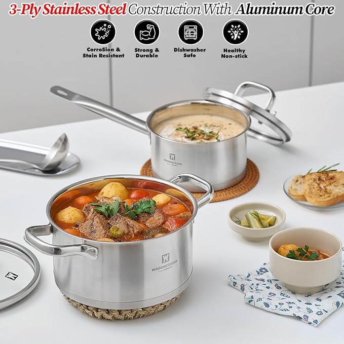 2.23 Quarts 3-Ply Stainless Steel Saucepan with Aluminum Core, Tempered Glass Lid, Compatible with All Cooktops, Quick & Even Heating, Rust & Corrosion Resistant (6.89" Diameter)
