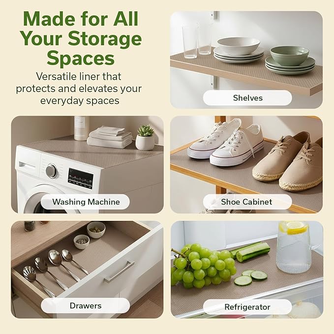 EVALAND Shelf Liners for Kitchen Cabinets Non-Adhesive 12" x 33 FT Beige Drawer Liner Non Slip, Washable Cabinet Liner, Waterproof Shelf Liners for Cabinets, Refrigerator Bathroom Pantry Cabinet Mat