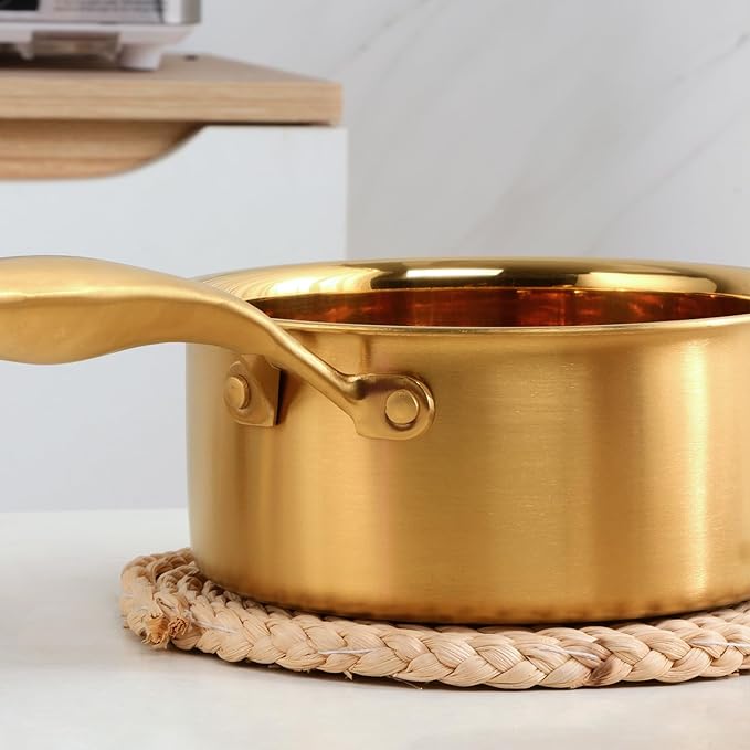 BuyGo 18/8 Stainless Steel Saucepan, 2.5 Quart Gold Pan with Heat Resistant Long Handle, 3-Layer Multipurpose Cookware Pot, Compatible Stovetops: Gas, Electric, Dishwasher Safe