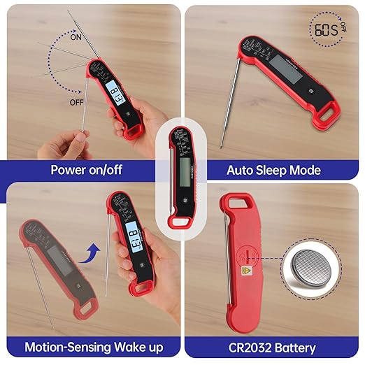 Lonicera Digital Meat Thermometer for Food Cooking. Instant Read Within 1 Sec and 짹0.9?덦ccuracy with Thermocouple Sensor. IP67 Waterproof, Auto-Rotating Display, Auto Wake up (Red)