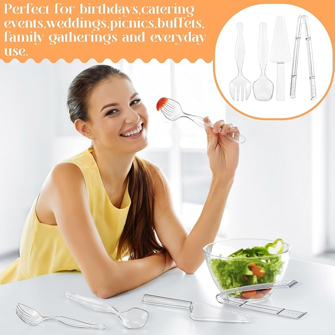 30 Pcs Disposable Plastic Serving Utensils Set Include 8.5'' Serving Spoons Forks 9'' Tongs and Knives for Birthday Party Buffet Dinner Food Salad Utensils Christmas (Clear)