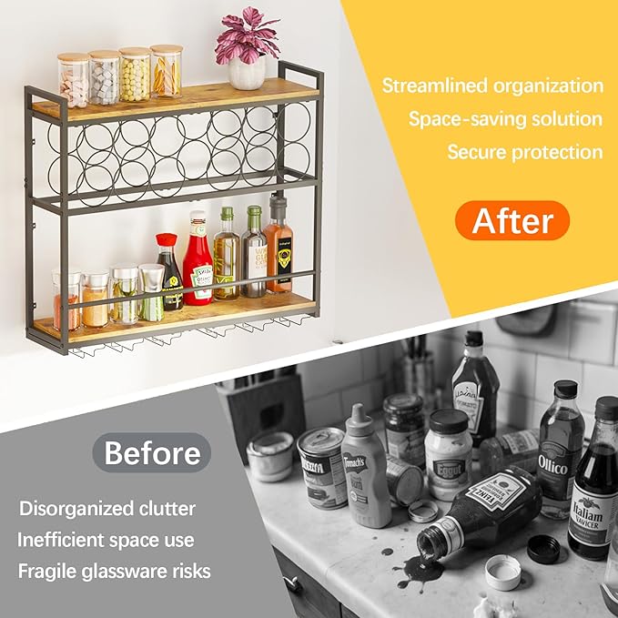Dokser Wine Rack Wall Mounted Horizontal Bottle Holder, Wall Wine Rack with Rustic Wood for Kitchen, Dining Room, Home Bar Decor (Brown)
