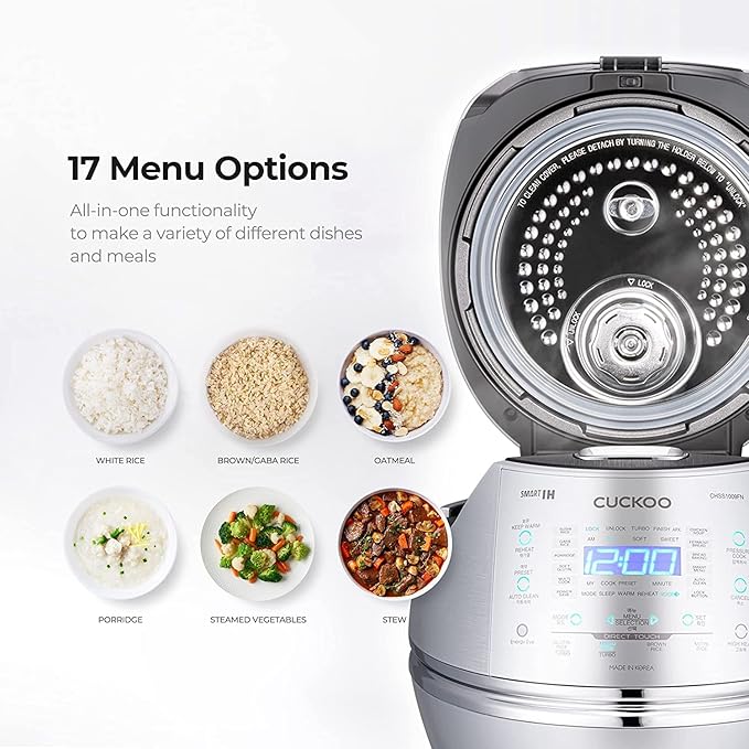 CUCKOO High Pressure Rice Cooker 10-Cup Uncooked / 20-Cup Cooked with Induction Heating Technology, Large Rice Maker with 17 Menu Options and Steam Plate, Voice Guide, Silver (CRP-CHSS1009FN)