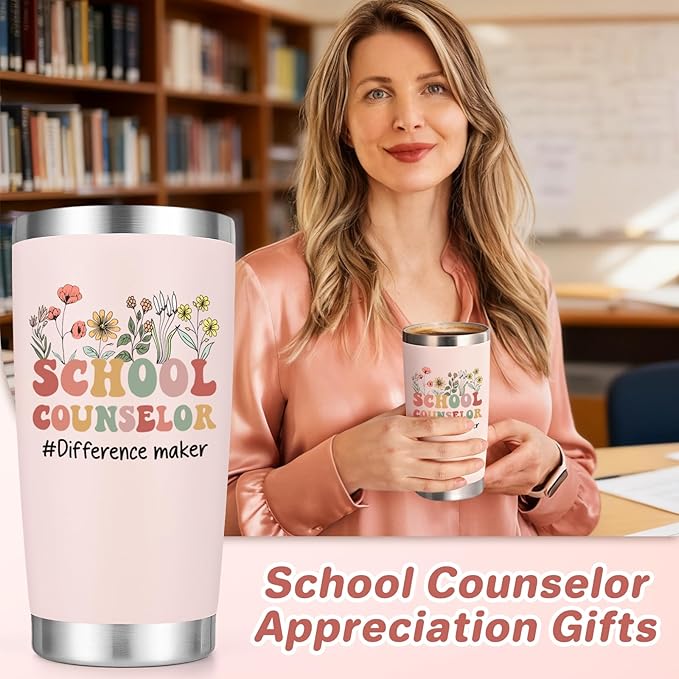 Lifecapido 4Pcs School Counselor Appreciation Gifts, 20oz Counselor Appreciation Insulated Tumbler with Lid & Straw, Makeup Bag, Notebook, Ballpoint Pen, Thank You Gifts for Educator Teacher(Pink)