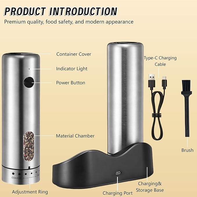 Electric Salt and Pepper Grinder Set - Rechargeable External Adjustment LED Light Dual Charging Base Upgraded Large Capacity with 110ml Top-Refill Stainless Steel Automatic Pepper Shakers
